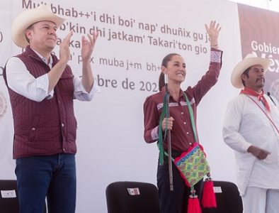 Con la presencia del alcalde Iván Soto Mendía, inauguran Esteban Villegas y Claudia Sheinbaum camino artesanal Pata de Gallo-Santiago Teneraca en Mezquital